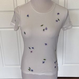 Sigrid Olsen White with Embroidered Purple Flowers Shortsleeved Blouse S